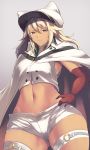  1girl bandaged_arm bandages bangs belt black_belt breasts buttons cape closed_mouth collared_shirt commentary_request cowboy_shot dark_skin eyebrows_behind_hair grey_background groin guilty_gear guilty_gear_strive hair_between_eyes hand_on_hip hat highres long_hair looking_at_viewer medium_breasts midriff navel platinum_blonde_hair ramlethal_valentine shirt short_shorts shorts simple_background sleeveless sleeveless_shirt solo standing thigh_strap white_cape white_headwear white_shirt white_shorts ya2taic yellow_eyes 