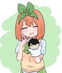  1girl :d ^_^ bangs blush bow closed_eyes collared_shirt commentary_request eyebrows_behind_hair facing_viewer go-toubun_no_hanayome green_background green_bow green_ribbon green_skirt hair_ribbon hand_puppet hands_up highres kujou_karasuma nakano_yotsuba open_mouth orange_hair pleated_skirt pointing puppet ribbon shirt short_sleeves skirt smile solo sweater_vest two-tone_background uesugi_fuutarou upper_body white_background white_shirt 