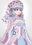  1girl bangs blush breasts cape curly_hair dress gradient gradient_background green_eyes grey_background hat head_wings highres kazuma_muramasa long_hair melia parted_lips purple_cape purple_dress purple_headwear silver_hair small_breasts xenoblade_(series) xenoblade_1 