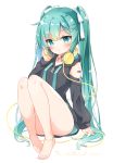  1girl :o aqua_eyes bangs barcode bare_legs bare_shoulders barefoot black_jacket blush bow breasts commentary_request drawstring eyebrows_visible_through_hair full_body green_hair hair_bow hair_ornament hairclip hand_on_headphones hand_up hatsune_miku headphones headphones_around_neck highres hood hood_down hooded_jacket jacket knees_up long_hair looking_at_viewer parted_lips shoulder_cutout simple_background sitting small_breasts solo twintails very_long_hair vocaloid white_background white_bow x_hair_ornament yukine 