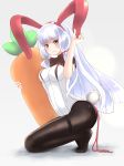  1girl adapted_costume animal_ears bangs blunt_bangs blush breasts bunny_tail bunnysuit frown hair_ribbon highres kantai_collection long_hair medium_breasts murakumo_(kantai_collection) rabbit_ears remodel_(kantai_collection) ribbon sidelocks solo stuffed_carrot tail tress_ribbon very_long_hair yoshino_(yoshino-yoshii) 