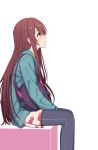  1girl bag between_legs black_pants blue_jacket blush brown_eyes brown_hair closed_mouth commentary_request feet_out_of_frame from_side hand_between_legs highres idolmaster idolmaster_shiny_colors jacket long_hair long_sleeves looking_away looking_up oosaki_tenka pants profile shoulder_bag simple_background sitting smile solo straight_hair very_long_hair white_background yahiro_(epicopeiidae) 