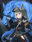  1girl absurdres animal_ears arknights english_commentary grani_(arknights) grey_hair grin highres hip_vent holding holding_weapon horse horse_ears horse_girl horse_tail mekolee police police_uniform policewoman shoulder_guard smile solo tail thigh_cutout uniform violet_eyes weapon 