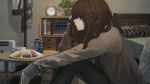 1girl absurdres bangs bed blue_eyes book bookshelf brown_hair brown_sweater can clock closed_mouth cup food hashimoto_kokai highres holding holding_phone indoors long_hair long_sleeves original pants phone pillow plant plastic_wrap plate potted_plant profile sitting solo sweater table 
