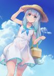  1girl arm_up bangs blue_eyes blush bow breasts clenched_hand closed_mouth clouds commentary_request day dress eromanga_sensei eyebrows_visible_through_hair green_bow hair_bow hand_on_headwear hat highres izumi_sagiri long_hair misashi_(raichi821) outdoors picnic_basket sailor_collar silver_hair sky smile solo white_dress 