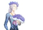  1boy blue_eyes blue_flower blue_rose bouquet flower head_wreath male_focus ponytail rose silver_hair smile sparkle t3_(19841230) teenage viktor_nikiforov white_background younger yuri!!!_on_ice 