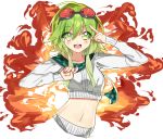 1girl checkered checkered_scarf commentary crop_top explosion goggles goggles_on_head green_eyes green_hair gumi hand_over_eye hands_up index_finger_raised looking_at_viewer midriff navel raysricey red_goggles scarf shirt tetrodotoxin_synthesizer_no.2_(vocaloid) upper_body vocaloid white_shirt 