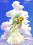  1girl alternate_costume asao_(vc) blue_sky clouds day dress fire_emblem fire_emblem:_three_houses flayn_(fire_emblem) flower green_eyes green_hair hair_ornament highres holding holding_flower long_hair open_mouth sky solo sunflower 