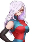  1girl android_21 checkered checkered_dress detached_sleeves dragon_ball dragon_ball_fighterz dress glasses hair_over_one_eye kemachiku red_eyes simple_background solo white_background 
