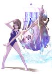  1girl barefoot cannon competition_swimsuit floating floating_object full_body highres jojo_no_kimyou_na_bouken jojo_pose love_live! love_live!_sunshine!! one-piece_swimsuit pose salute shamakho ship simple_background swimsuit watanabe_you water watercraft white_background 