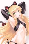  1girl :o bangs bare_shoulders black_gloves black_panties blonde_hair blush breasts cat_ear_headphones cat_tail collarbone elbow_gloves eyebrows_visible_through_hair girls_frontline gloves green_eyes headphones highres long_hair navel open_mouth panties ribbon sidelocks small_breasts solo tail tail_ribbon tmp_(girls_frontline) turtleneck underwear very_long_hair yos 