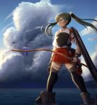  1girl black_legwear blush bow_(weapon) flight_deck green_eyes green_hair hair_between_eyes hair_ribbon hakama hakama_skirt holding holding_bow_(weapon) holding_weapon japanese_clothes kantai_collection long_hair maku_ro muneate ocean red_hakama ribbon short_sleeves solo standing standing_on_liquid tasuki thigh-highs twintails weapon white_ribbon yumi_(bow) zuikaku_(kantai_collection) 