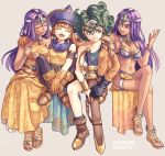  4girls :d alena_(dq4) anklet armlet black_legwear boots bracelet breasts brown_dress brown_eyes brown_footwear brown_gloves brown_hair choker circlet closed_eyes collarbone commentary_request curly_hair dark_skin dragon_quest dragon_quest_iv dress earrings english_text engrish_text gloves green_hair grey_background hand_on_another&#039;s_shoulder heroine_(dq4) highres jewelry laughing leggings long_hair mahoshiki manya medium_breasts metal_bikini midriff minea multiple_girls navel open_mouth pelvic_curtain pointy_hat purple_hair purple_legwear ranguage sandals short_hair simple_background single_bare_shoulder single_sleeve sitting sleeveless sleeveless_dress smile sweatdrop toe_ring violet_eyes 