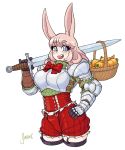  1girl animal_ears armor artist_name basket blue_eyes blush boobplate bow bowtie breastplate breasts bunny_girl carrot cowboy_shot eyebrows_visible_through_hair eyes_visible_through_hair gauntlets highres holding holding_sword holding_weapon large_breasts long_sleeves looking_at_viewer medium_hair open_mouth original pauldrons pink_hair rabbit_ears shardanic short_shorts shorts shoulder_armor simple_background smile solo standing sword teeth thigh-highs tongue watermark weapon white_background 