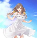  1girl bare_shoulders breasts brown_eyes brown_hair clouds dress flower hair_flower hair_ornament hair_ribbon idolmaster idolmaster_shiny_colors large_breasts long_hair open_mouth pekoni_(peconi) ribbon sky smile solo standing tsukioka_kogane twintails white_dress 