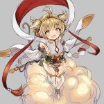  1girl andira_(granblue_fantasy) animal_ears antenna_hair bangs bare_shoulders blonde_hair blush breasts brown_eyes circlet clouds detached_leggings detached_sleeves erune fang flying_nimbus fuyu_no_kareha granblue_fantasy hagoromo highres long_sleeves looking_at_viewer monkey_ears monkey_girl monkey_tail open_mouth sash shawl smile staff tail thighs twintails two_side_up wide_sleeves 