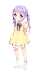  1girl :&lt; arms_behind_back blue_eyes child dress full_body highres long_hair mochi_hiyoko mochipro purple_hair ribbon simple_background socks solo tamase_tama twintails virtual_youtuber white_background white_footwear yellow_dress 