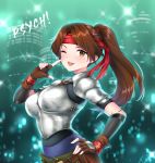  1girl armor artist_name banglinh1997 bangs blue_bodysuit blush bodysuit bodysuit_under_clothes breastplate breasts brown_eyes brown_hair chainmail eyebrows_visible_through_hair final_fantasy final_fantasy_vii final_fantasy_vii_remake fingerless_gloves fingernails gloves hair_ornament hand_on_hip hand_up headband highres index_finger_raised jessie_rasberry lips long_hair looking_at_viewer medium_breasts one_eye_closed open_mouth pants parted_bangs ponytail red_headband shiny shiny_clothes shiny_hair short_sleeves shoulder_pads signature simple_background smile solo tied_hair upper_body 