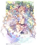  1girl age_of_ishtaria bangs bare_shoulders blonde_hair blue_eyes breasts collar detached_collar detached_sleeves holding holding_staff horns jonejung long_hair open_mouth small_breasts solo staff strapless tail thigh-highs very_long_hair white_legwear 