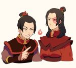  1boy 1girl avatar:_the_last_airbender avatar_(series) azula black_hair breasts burn_scar facial_scar genderswap genderswap_(ftm) genderswap_(mtf) index_finger_raised long_hair medium_breasts scar scar_across_eye short_hair smile t_k_g topknot yellow_eyes zuko 