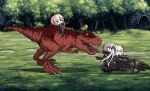  &gt;_&lt; 1other 3girls beak_(girls_frontline) chasing dinosaur fleeing forest girls_frontline glowing ground_vehicle jurassic_park m16a1_(girls_frontline)_(boss) m4_sopmod_ii_(girls_frontline) motor_vehicle motorcycle multiple_girls nature o_o red_eyes ro635_(dinergate) sangvis_ferri sharp_teeth teeth the_mad_mimic tyrannosaurus_rex 