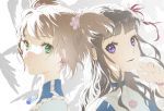  2girls bangs black_hair blue_eyes brown_hair cardcaptor_sakura daidouji_tomoyo earrings from_side green_eyes hair_ribbon hand_up highres jewelry kinomoto_sakura long_hair looking_at_viewer multiple_girls parted_lips portrait rafaelaaa red_ribbon ribbon short_hair short_twintails twintails 