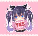  1girl :t animal_ear_fluff animal_ears bangs black_hair black_legwear blue_eyes blue_hair blush bow cat_ears chibi closed_mouth eyebrows_visible_through_hair frilled_pillow frills full_body hair_between_eyes hair_bow heart holding holding_pillow lace_border long_hair multicolored_hair no_shoes ooji_cha original pillow pink_background polka_dot polka_dot_background pout purple_hair sitting solo streaked_hair striped striped_bow thigh-highs two-tone_hair very_long_hair wariza wavy_mouth yes yes-no_pillow 