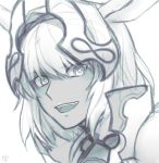 1girl animal_ears caenis_(fate) commentary_request dark_skin eyebrows_visible_through_hair fate/grand_order fate_(series) greyscale highres kankitsurui_(house_of_citrus) looking_at_viewer monochrome open_mouth portrait simple_background sketch smile solo teeth tongue white_background 