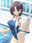  1girl ahoge asakura_tooru black_hair blue_eyes blue_swimsuit blurry byougaku competition_swimsuit cowboy_shot depth_of_field drink earrings fence foreshortening highleg highleg_swimsuit idolmaster idolmaster_shiny_colors jewelry one-piece_swimsuit pool poolside short_hair smile solo standing swimsuit tumbler water 