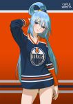  1girl aqua_(konosuba) arm_behind_head arm_up artist_name blue_eyes blue_hair blush breasts carlo_montie clothes_writing collarbone commentary commission covered_nipples cowboy_shot edmonton_oilers eyebrows_visible_through_hair hair_between_eyes hair_ornament hair_rings hand_behind_head hockey_sweater kono_subarashii_sekai_ni_shukufuku_wo! long_hair long_sleeves looking_at_viewer medium_breasts national_hockey_league ponytail smile solo sportswear standing very_long_hair 