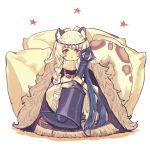 1girl :o animal_ear_fluff animal_ears animal_print arknights bell braid commentary grey_eyes leopard_ears leopard_print leopard_tail long_hair looking_at_viewer pillow pramanix_(arknights) sitting solo tail tapi turtleneck very_long_hair white_background white_hair 