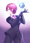  1girl ball bangs bazett_fraga_mcremitz black_gloves breasts earrings fate/hollow_ataraxia fate_(series) formal gloves highres incoming_attack jewelry looking_to_the_side necktie purple_hair putting_on_gloves shiohari_kanna shirt short_hair solo suit violet_eyes 