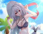  1girl :o amopui arknights artist_name bangs bare_arms bare_shoulders bikini black_bikini blue_sky blurry blurry_background breasts collarbone commentary day eyebrows_visible_through_hair hair_between_eyes halterneck hands_up hat large_breasts lens_flare long_hair looking_at_viewer low-tied_long_hair open_mouth outdoors red_eyes silver_hair skadi_(arknights) sky solo stomach sun_hat swimsuit tree twitter_username upper_body very_long_hair white_headwear 