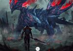  armor destiny_(game) dragon dust fighting_stance highres horns knight monster monster_hunter monster_hunter_xx shimhaq simple_background sword titan_(destiny) valstrax walking weapon 