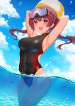  1girl :d armpits arms_behind_head arms_up arrow_through_heart ball bangs bare_shoulders beachball black_swimsuit blue_sky blush breasts caustics clouds competition_swimsuit covered_navel cowboy_shot day diving_mask eyebrows_visible_through_hair floating_hair fukuro_ko_(greentea) groin hair_between_eyes hair_ribbon heart heterochromia highleg highleg_swimsuit highres holding holding_ball hololive houshou_marine large_breasts long_hair looking_at_viewer one-piece_swimsuit one-piece_tan open_mouth outdoors partially_underwater_shot red_eyes red_ribbon redhead ribbon side_cutout sky smile solo standing sunlight swimsuit tan tanline thighs twintails upper_teeth virtual_youtuber wading water wet yellow_eyes 