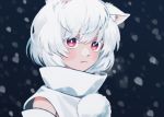  1girl animal_ear_fluff animal_ears black_background blush bright_pupils detached_sleeves high_collar inubashiri_momiji looking_at_viewer pom_pom_(clothes) red_eyes shirt short_hair snowing solo symbol_commentary touhou upper_body white_hair white_pupils white_shirt wolf_ears yoi_(yoi99yoi) 
