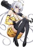  1girl ahoge animal_print bikini black_choker black_footwear choker club eyebrows_visible_through_hair fang fang_out floating from_below hand_on_own_thigh high_heels horns looking_to_the_side oni_horns over_shoulder pencil_skirt senki_zesshou_symphogear skirt solo spiked_choker spikes swimsuit thigh-highs tiger_print tsukamoto_kensuke v-shaped_eyebrows weapon white_background white_hair yukine_chris zettai_ryouiki 