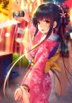  1girl :d arm_up back_bow bangs black_hair blurry blurry_background bow breasts brown_bow brown_eyes cellphone character_request cherry_blossom_print commentary_request depth_of_field eyebrows_visible_through_hair fan floral_print flower hair_flower hair_ornament highres holding holding_hand holding_phone japanese_clothes kimono long_sleeves looking_at_viewer looking_to_the_side medium_breasts night obi open_mouth out_of_frame outdoors paper_fan phone pink_flower pink_kimono print_kimono sash sidelocks smile solo_focus stall summer_festival uchiwa warship_girls_r wide_sleeves xiaoyin_li 