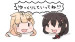  2girls ahoge black_hair black_ribbon blonde_hair blush_stickers braid hair_flaps hair_ornament hair_over_shoulder hair_ribbon hairclip head_only kantai_collection long_hair multiple_girls parody poipoi_purin remodel_(kantai_collection) ribbon shigure_(kantai_collection) simple_background single_braid white_background yukkuri_shiteitte_ne yuudachi_(kantai_collection) ||_|| 