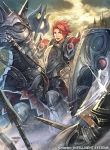  1boy armor armored_boots axe boots clouds faceless faceless_male fire_emblem fire_emblem:_three_houses fire_emblem_cipher helmet lance nij_24 official_art open_mouth polearm red_eyes redhead shield sky solo sylvain_jose_gautier teeth weapon 