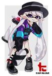  1girl bangs black_footwear black_headwear black_shorts blunt_bangs boater_hat dolphin_shorts domino_mask ear_piercing earrings eyebrows_visible_through_hair grey_background grey_hair hand_on_own_chin holding holding_weapon ink_tank_(splatoon) inkling inkling_(language) jacket jewelry leaning_forward logo long_hair long_sleeves looking_at_viewer maco_spl mask multicolored multicolored_clothes multicolored_jacket no_socks outside_border parted_lips piercing pointy_ears shoes short_shorts shorts smile sneakers solo sparkle splatoon_(series) splatoon_2 splattershot_(splatoon) standing tentacle_hair very_long_hair violet_eyes weapon zipper 