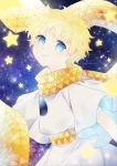  1boy absurdres baggy_clothes bangs blonde_hair blue_eyes bright_pupils eyebrows_visible_through_hair fate/grand_order fate/requiem fate_(series) floating floating_object glowing highres ichigomeichan looking_to_the_side male_focus parted_bangs robe scarf short_sleeves sky smile solo space star_(sky) star_(symbol) starry_background starry_sky upper_body voyager_(fate/requiem) yellow_scarf 