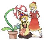  2girls aki_minoriko aki_shizuha apron autumn_leaves biting biting_clothes black_footwear black_neckwear black_pupils black_skirt blonde_hair blood blood_on_face collarbone commentary_request flower_pot food food_themed_hair_ornament fruit grape_hair_ornament grapes hair_ornament highres leaf leaf_hair_ornament leaf_on_head long_sleeves looking_at_another maple_leaf super_mario_bros. medium_hair multiple_girls open_mouth orange_skirt peroponesosu. piranha_plant plant red_apron red_headwear red_vest shaded_face sharp_teeth shirt siblings simple_background sisters sitting skirt smile star_(symbol) surprised suspender_skirt suspenders sweat teeth touhou vest watering_can white_background white_legwear yellow_shirt yellow_sleeves 