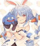  animal_ear_fluff animal_ears black_gloves blue_hair braid bunny-shaped_pupils bunny_girl carrot carrot_hair_ornament dragon_quest food_themed_hair_ornament fur-trimmed_gloves fur_scarf fur_trim gloves hair_ornament highres holding hololive long_braid long_hair looking_at_viewer one_eye_closed orqz parted_lips rabbit_ears red_eyes slime_(dragon_quest) smile thick_eyebrows twin_braids upper_body usada_pekora white_hair 