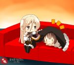  2girls :&gt; artist_name azur_lane badge bismarck_(azur_lane) black_legwear blonde_hair cape chibi commentary_request couch crossover fur_trim grey_eyes hat hiding japanese_clothes kaga_(kantai_collection) kantai_collection long_hair military military_uniform multiple_girls peaked_cap side_ponytail taisa_(kari) tasuki thigh-highs twitter_username uniform 