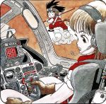  1boy 1girl aircraft airplane airplane_interior bangs black_footwear black_hair blunt_bangs brown_gloves bulma cockpit commentary dot_nose dougi dragon_ball dragon_ball_(classic) expressionless eyelashes flying flying_nimbus full_body gloves goggles goggles_on_head headset highres holding holding_weapon lips long_eyelashes looking_at_another looking_back looking_to_the_side messy_hair monkey_tail nyoibo official_art open_mouth parted_lips pilot pilot_chair profile rear-view_mirror sepia shirt sitting sleeves_rolled_up son_gokuu standing straight_hair tail toriyama_akira waistcoat weapon white_shirt 