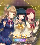  3girls cowboy_shot english_text gameplay_mechanics haruming highres index_finger_raised love_live! love_live!_school_idol_festival_all_stars love_live!_school_idol_project love_live!_sunshine!! minami_kotori multiple_girls one_eye_closed otonokizaka_school_uniform pose sakurauchi_riko school_uniform sparkle tsushima_yoshiko uranohoshi_school_uniform 