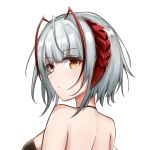 1girl absurdres ahoge antennae arknights bangs bare_shoulders brown_eyes commentary doraski eyebrows_visible_through_hair highres horns looking_at_viewer looking_back short_hair silver_hair simple_background solo upper_body w_(arknights) white_background 