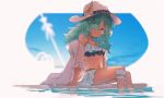  1girl absurdres arm_support bare_shoulders bikini blurry blurry_background choker commentary_request dark_skin detached_sleeves feet_out_of_frame flower frilled_bikini frills granblue_fantasy green_eyes green_hair hair_over_one_eye hat hat_flower highres kolulu_(granblue_fantasy) long_hair looking_at_viewer navel partially_submerged sitting smile solo swimsuit tatami_beya 