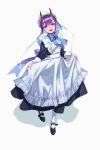  1girl alternate_costume apron bangs black_dress black_footwear blue_bow bob_cut bonnet bow dress enmaided eyebrows_visible_through_hair eyeliner fate/grand_order fate_(series) full_body highres horns long_sleeves looking_at_viewer maid maid_apron makeup olys oni oni_horns open_mouth purple_hair shoes short_hair shuten_douji_(fate/grand_order) simple_background skin-covered_horns skirt_hold standing violet_eyes white_apron white_background white_headwear white_legwear 